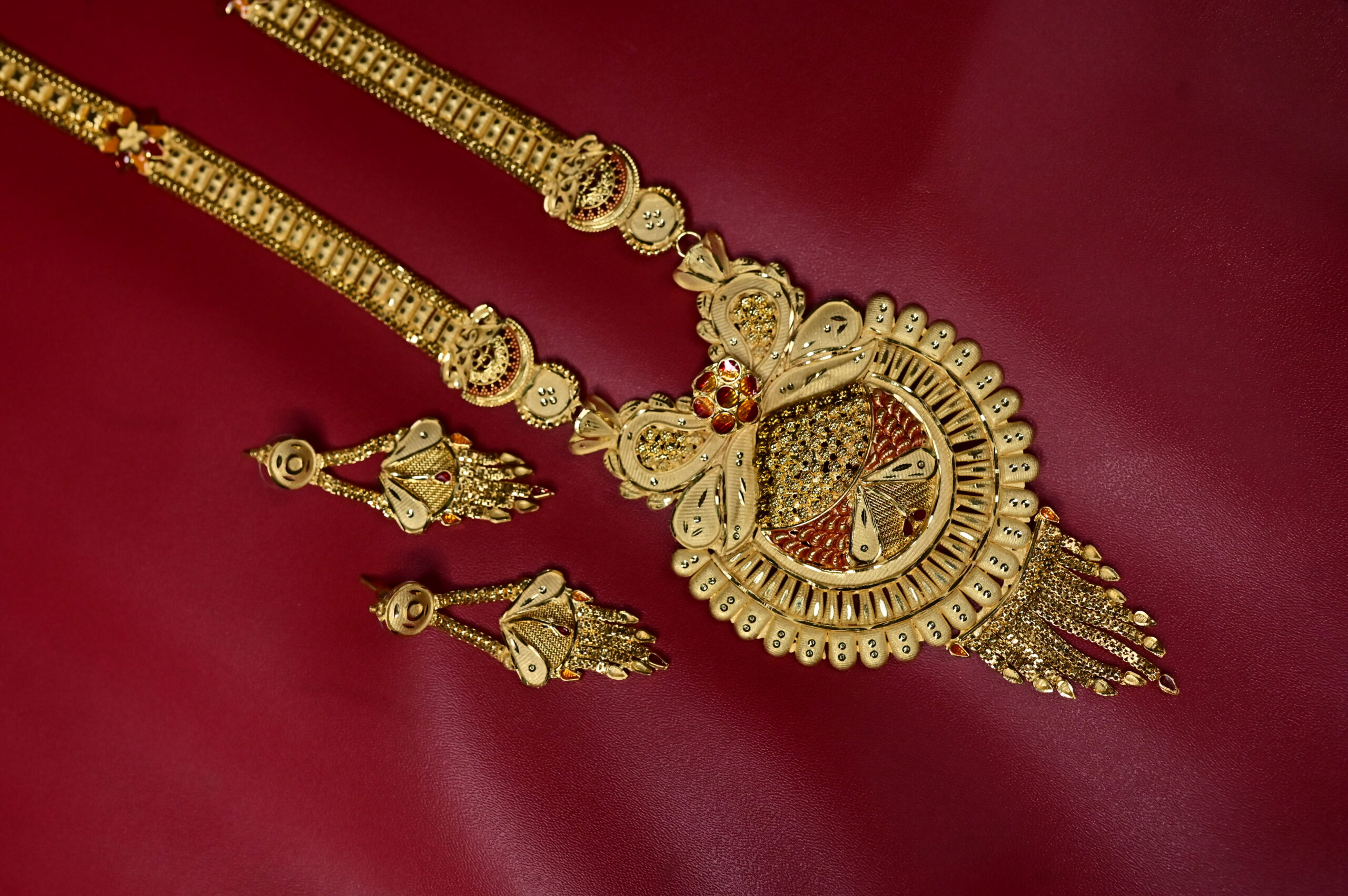 Bridal Gold Finish Long Haar and Matching Earrings